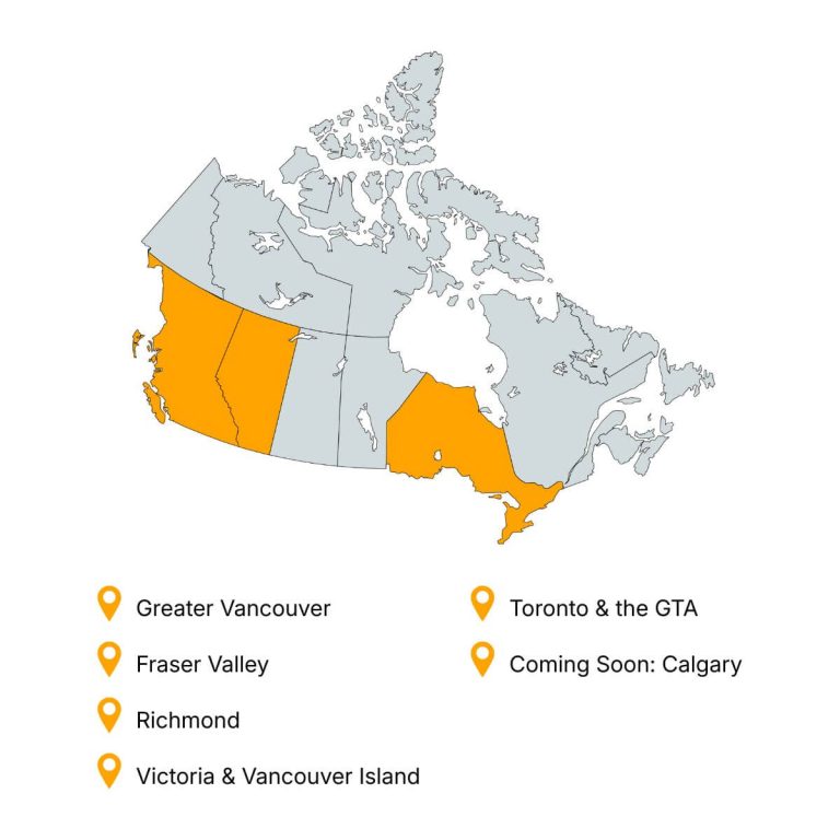 Graphic with a map of Canada showing Ferguson Moving & Storage's service areas.