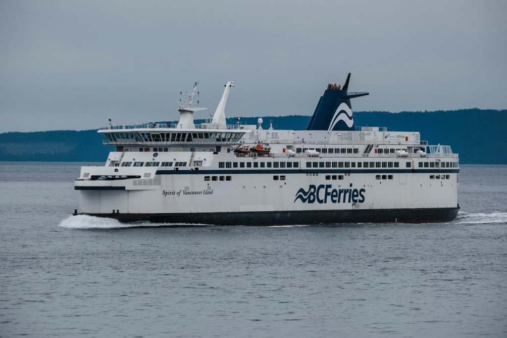 View of the Spirit of Vancouver Island, a BC Ferries vessel, sailing on the ocean.