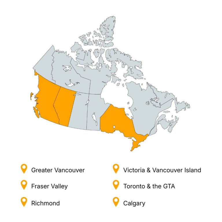 Graphic with a map showing Ferguson Moving & Storage's service areas in Canada.