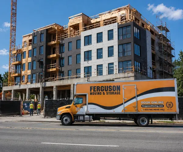 Ferguson Moving Truck Parked in front of a midrise construction site.
