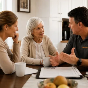 Moving consultant discussing move with a senior and her daughter