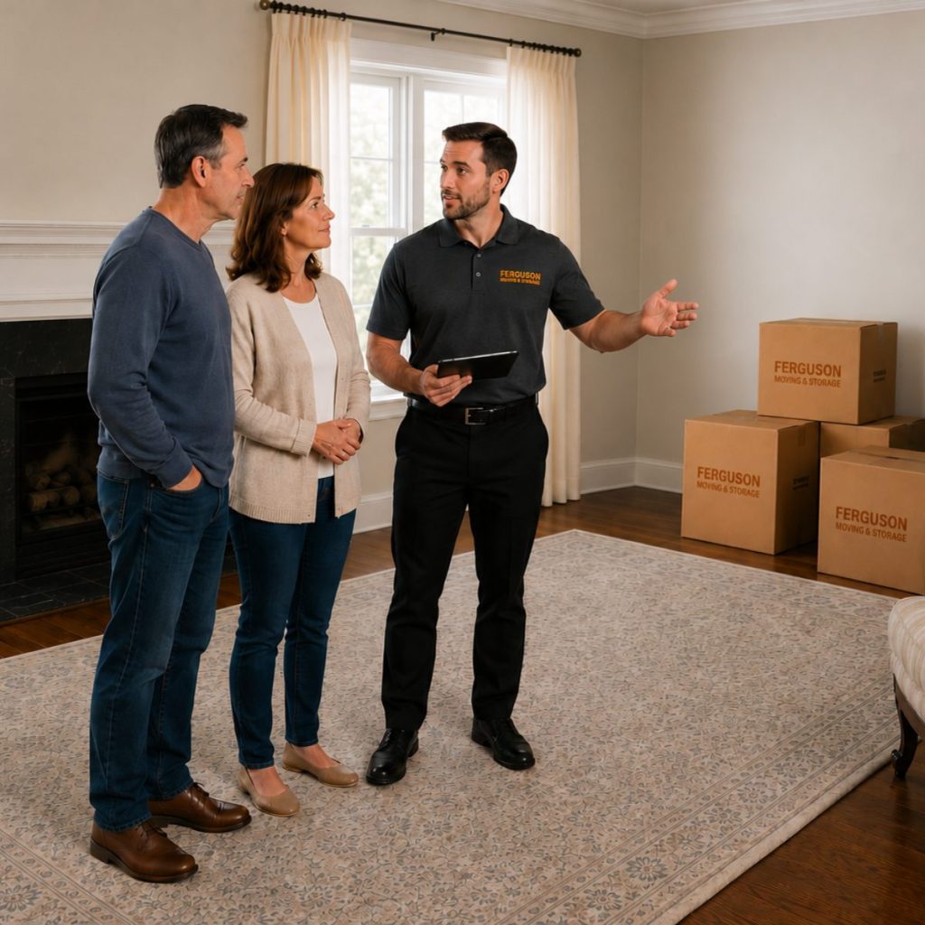 A couple meeting with a Ferguson move manager in an empty living room with some boxes.