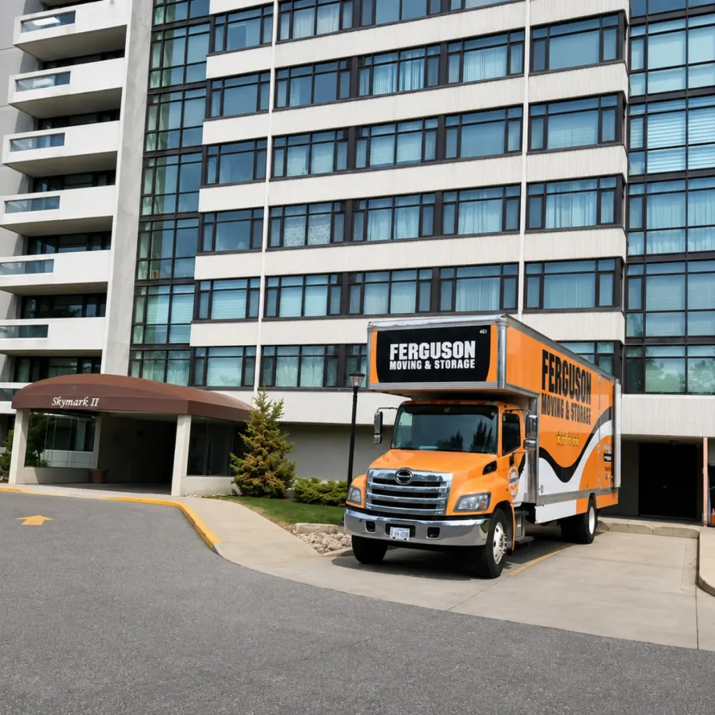 Ferguson Moving truck parked in front of a high-rise building